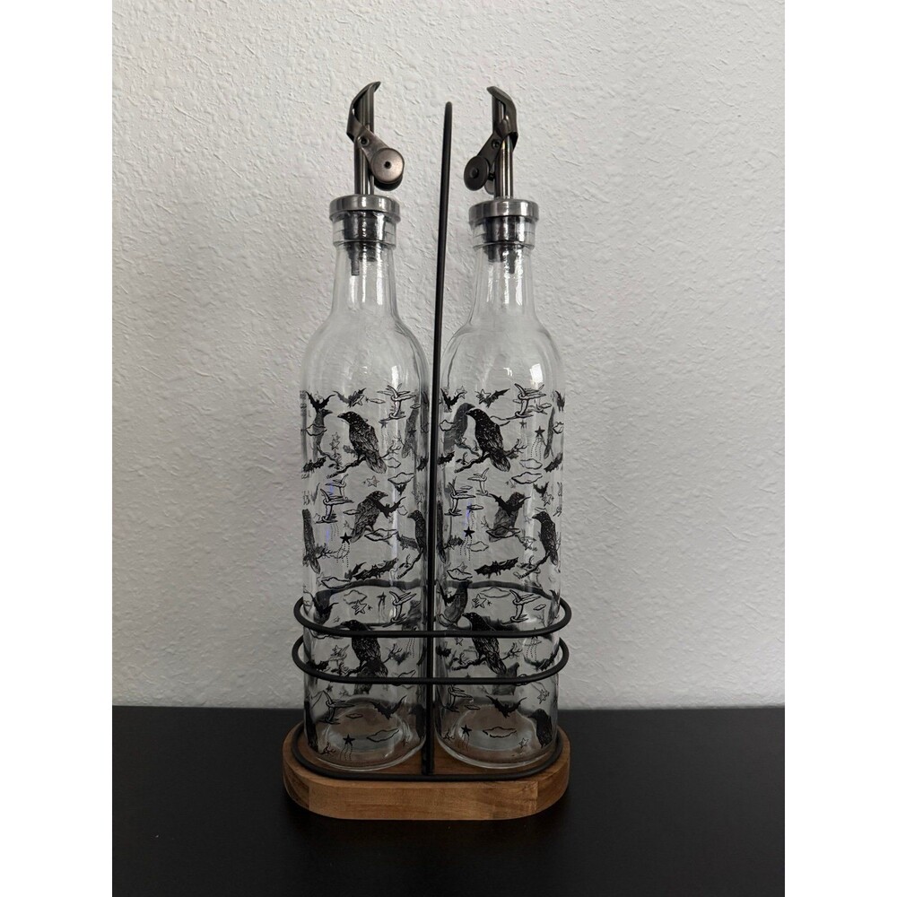NEW Oil & Vinegar Kitchen Dispenser Pour Bottles Halloween Edgar Poe Bats Crow